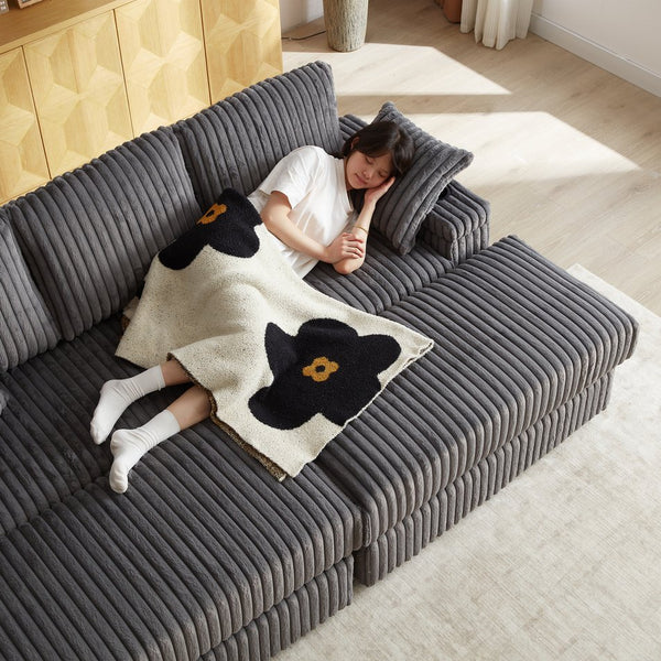 English Elm 84Inch Corduroy sofa with deep seats, 3 back pillows, 2 toss pillows, ottomans, cup grooves, storage Grey W834S00358