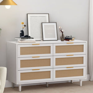 English Elm 51.18"6-Drawers Rattan Storage Cabinet with Woven Fronts, White Dresser for Bedroom & Living Room, Space-Saving Stylish Organizer W757P235127