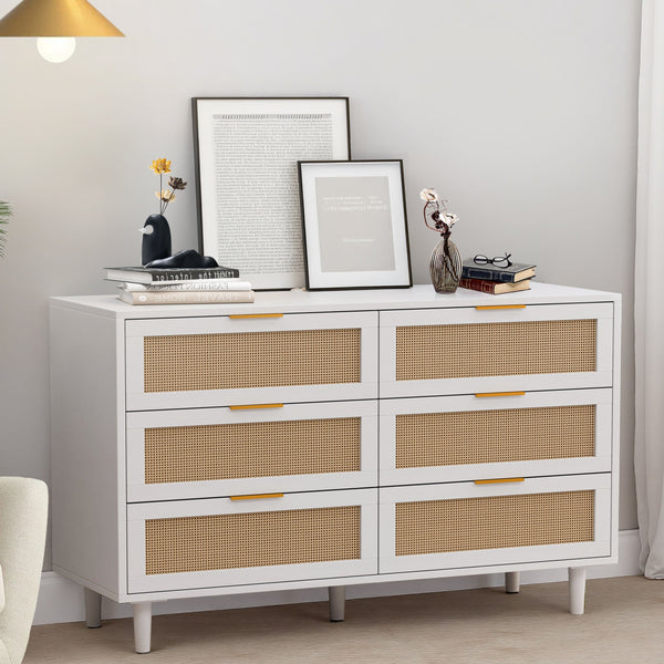 English Elm 51.18"6-Drawers Rattan Storage Cabinet with Woven Fronts, White Dresser for Bedroom & Living Room, Space-Saving Stylish Organizer W757P235127