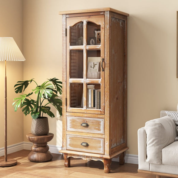 English Elm Rustic Solid Wood Tall Narrow Cabinet with Cutout Door Two Drawers Farmhouse Storage Antique Brown W2295P457182