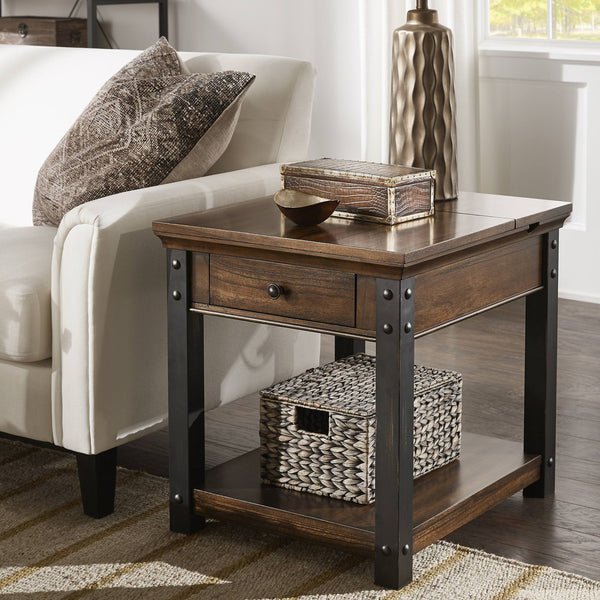Niccola Modern End Table with Drawer Power Outlets and Lower Shelf