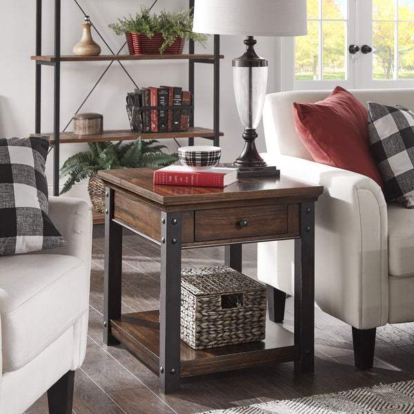 Niccola Modern End Table with Drawer Power Outlets and Lower Shelf