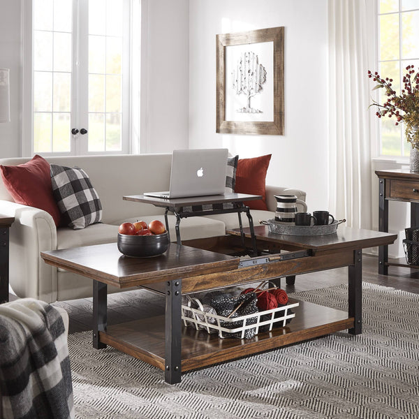 Niccola Lift Top Coffee Table with Wood Veneer Top and Metal Frame Storage