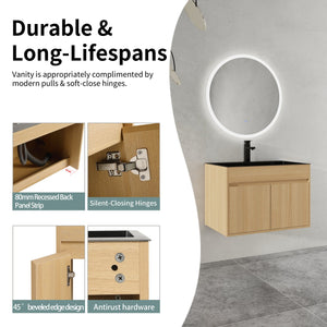 English Elm 28" Wall Mounted Bathroom Vanity with Gun-Gray Stainless Sink, Soft-Close Doors, Plywood, Oak Finish, KD W999P376889