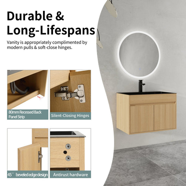 English Elm 28" Wall Mounted Bathroom Vanity with Gun-Gray Stainless Sink, Soft-Close Doors, Plywood, Oak Finish, KD W999P376889