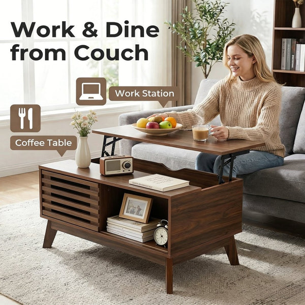 English Elm Lift Top Coffee Table Walnut Finish Mid Century Hidden Storage Slatted Cabinet W3204P465920