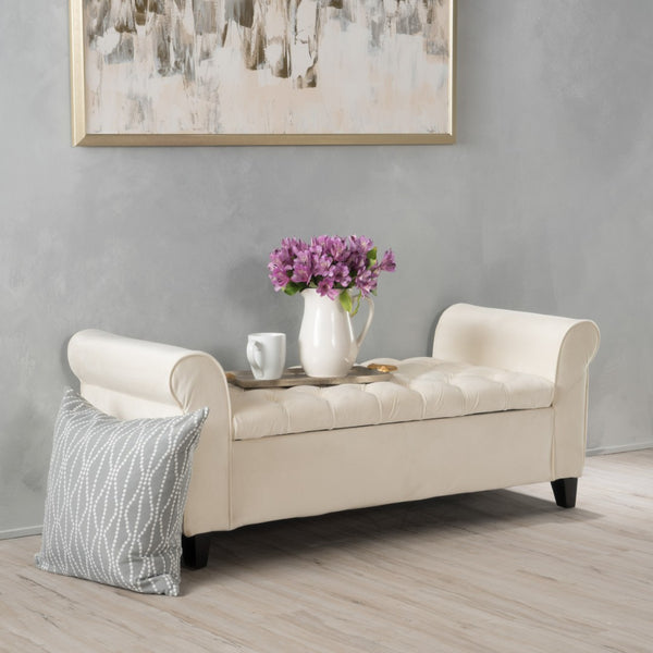 English Elm Lvory Linen Tufted Storage Bench with Rolled Arms and Hidden Lift Top Compartment N770P372389A