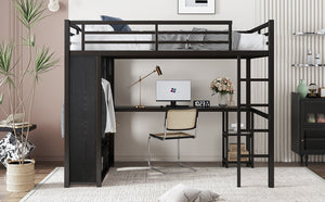 English Elm Full Size Loft Bed Frame With Wardrobe, Desk & Storage Shelves - Modern Black Metal Design W1580S00120