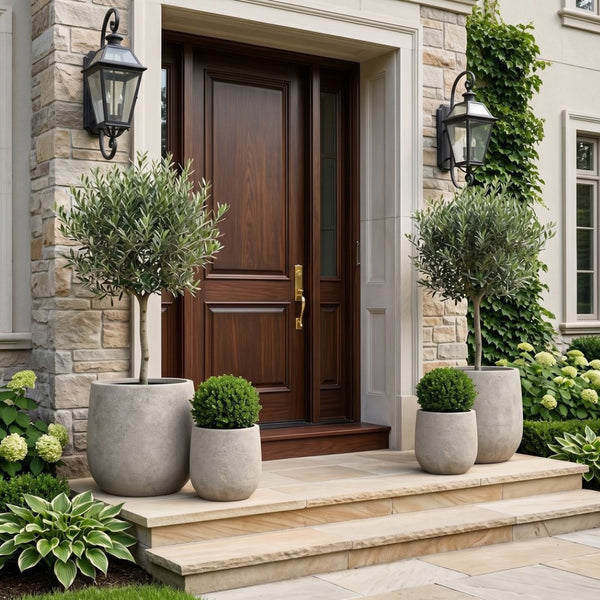 English Elm Round Concrete Style Planter Duo Handcrafted Magnesium Oxide Pots for Patio Garden W347P449373
