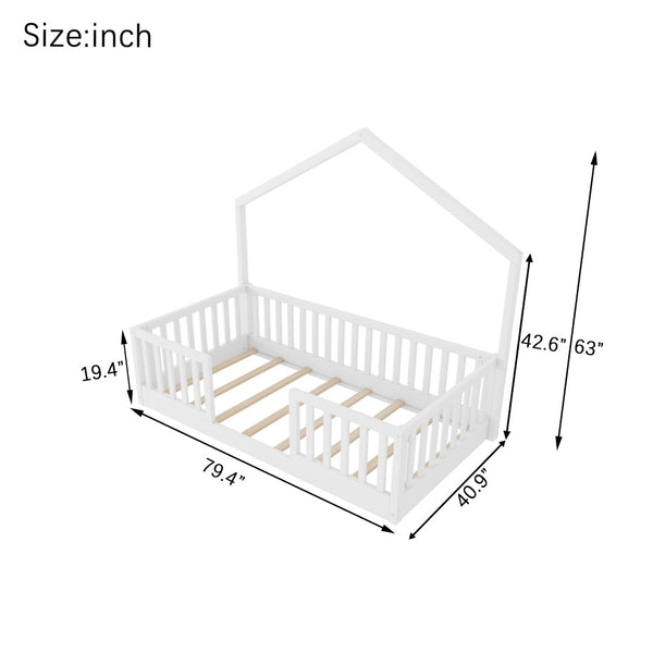 English Elm Twin Montessori Floor Bed House Frame with Led Lighting and Safety Rails for Kids White W2593P440594