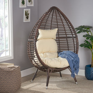 English Elm Christopher Knight Home® - CUTTER Teardrop Wicker Patio Chair with Water‑Resistant Beige Cushion, Metal Resin Frame, Plush Comfort 55787.00MBRN