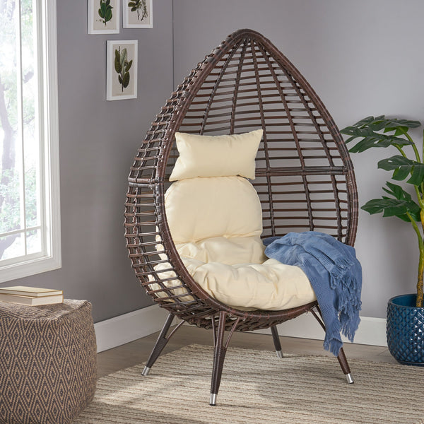 English Elm Christopher Knight Home® - CUTTER Teardrop Wicker Patio Chair with Water‑Resistant Beige Cushion, Metal Resin Frame, Plush Comfort 55787.00MBRN