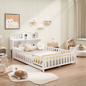 English Elm Full-size Montessori Floor Bed with Built-In Bookcase and Chalkboard, Space-Saving Solid Wood Platform for Kids White 56.3 L x 17.32 W x 5.31 H W1716S00012