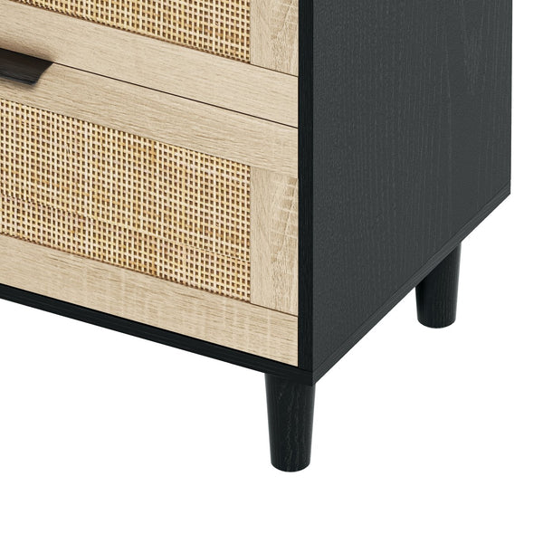 English Elm 51" Rattan Dresser with Six Drawers, Stylish Woven Storage Chest with Metal Handles and Wood Legs for Bedroom Hallway Living Room Black W757P209508