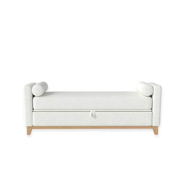 English Elm 66 Inch Sherpa Upholstered Storage Bench with Fluted Wood Base and Bolster Pillows Beige+Natural W1658P446112