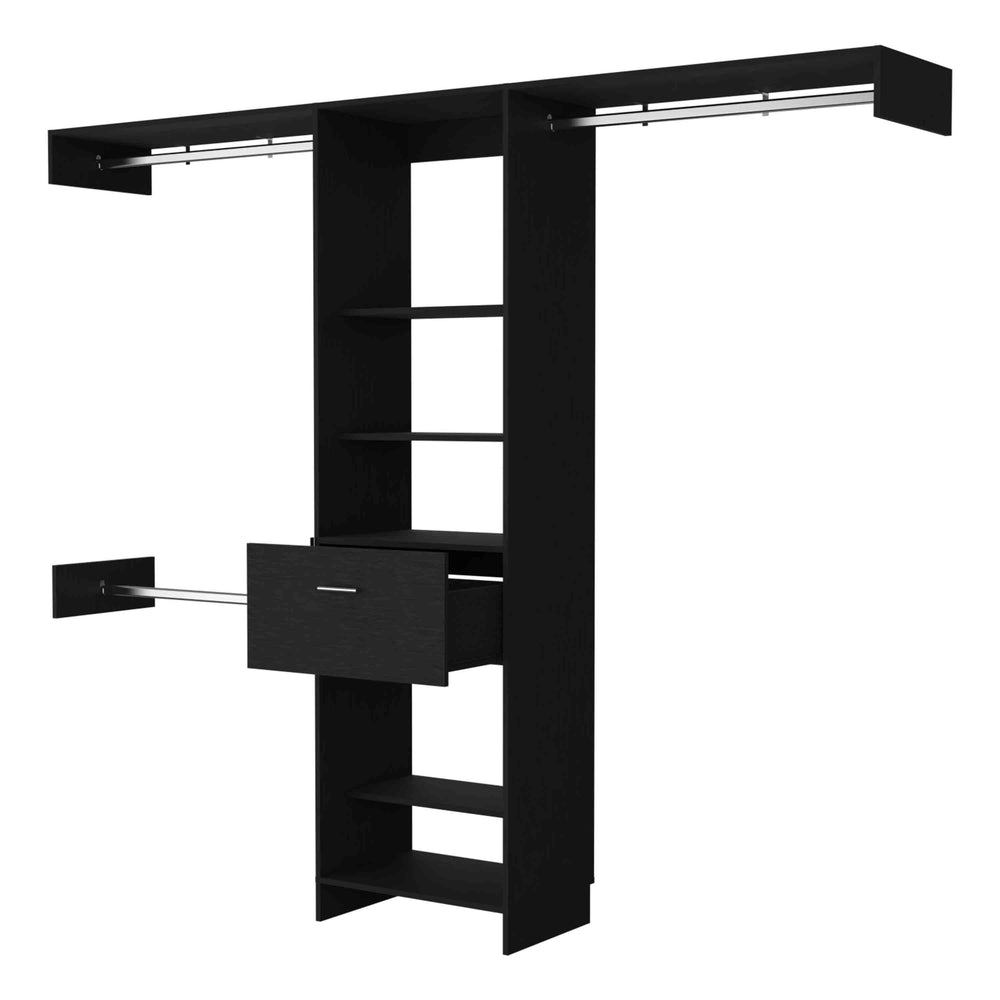 English Elm Cross Closet System premium organizer with one smooth drawer, three metal rods and five open shelves for versatile storage and style Black 82.68 L x 20.48 W x 3.55 H B128S00083