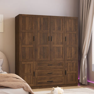 English Elm Tall Wooden Freestanding Armoire with Six Doors Three Drawers and Hanging Rod W1321S00039