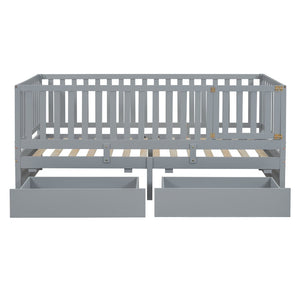 English Elm Twin Pinewood Daybed with Fence Guardrails Two Storage Drawers and Split Floor Bed Gray LP200881AAE