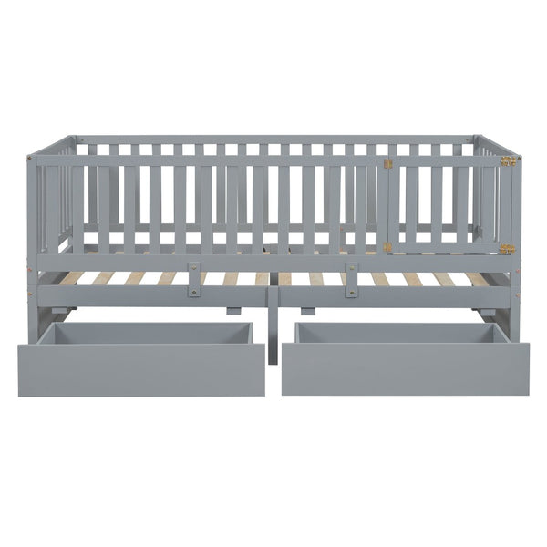 English Elm Twin Pinewood Daybed with Fence Guardrails Splits Into Two Floor Beds Storage Gray LP100881AAE