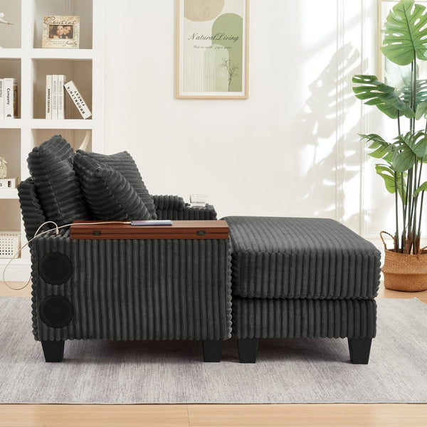 English Elm Fluffy Corduroy Single Sofa with Ottoman Bluetooth Speaker Usb Port and Rotating Tray W3705P476390
