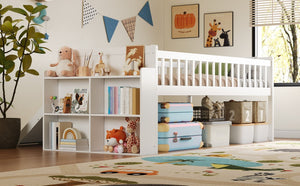 English Elm Twin Platform Kids Bed with Slide Ladder Guardrails Storage Shelf Wood Frame White N733S415411K