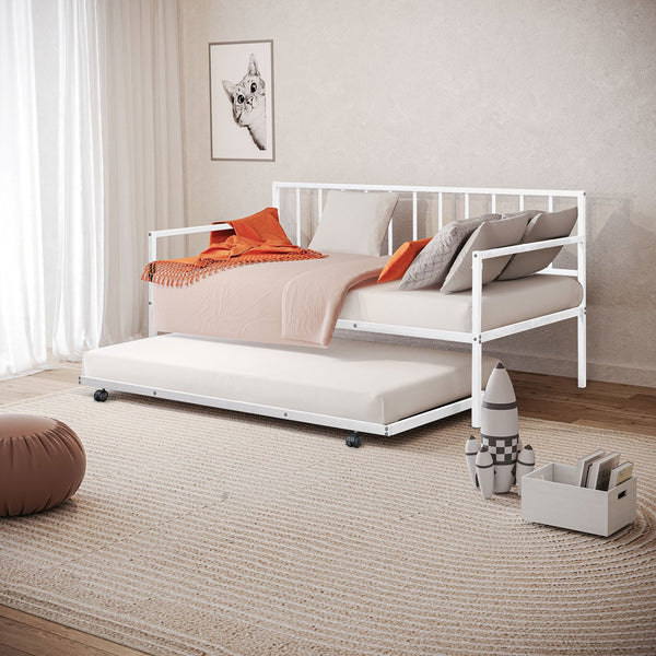 English Elm 1pc Twin Metal Daybed With Trundle White Finish Sleek Contemporary Design Space-Saving Twin Guest Bed Mattress-Ready B2741P364411