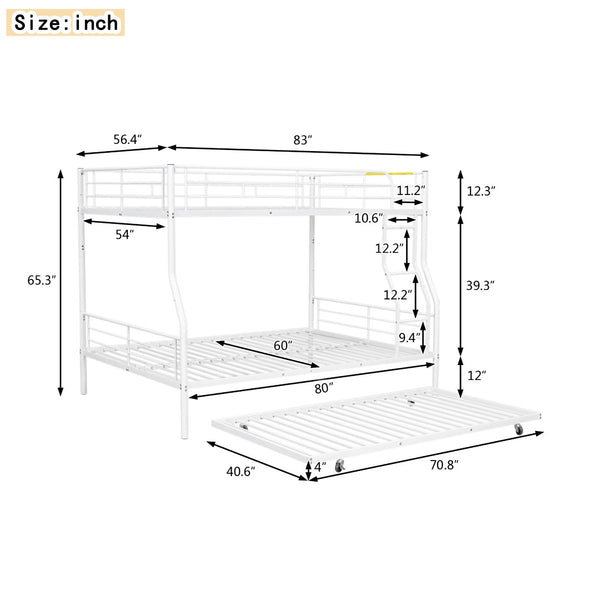 English Elm Full Xl Over Queen Iron Bunk Bed with Trundle Three Sleeper Chrome Kids Frame White LT000259AAK