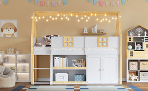English Elm Twin-size Pine Low Loft Bed with House Canopy Step Stairs Storage Cabinet Led Lights N7090005033K