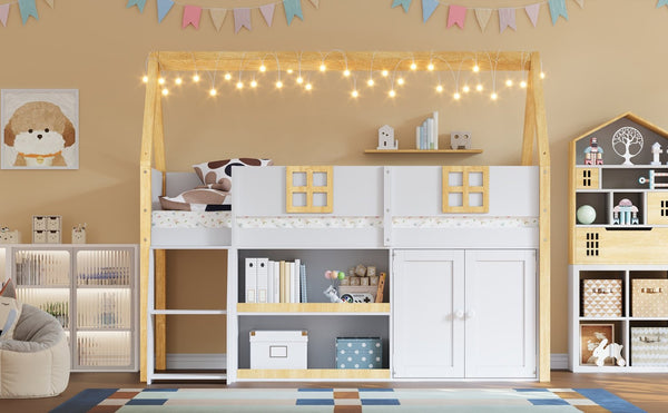 English Elm Twin-size Pine Low Loft Bed with House Canopy Step Stairs Storage Cabinet Led Lights N7090005033K