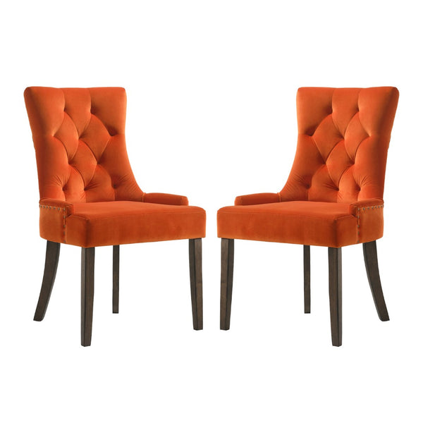 English Elm Set Of 2 Velvet Upholstered Dining Chairs In Orange With Weathered Oak Legs For Stylish Comfort B016P315252-GIGA