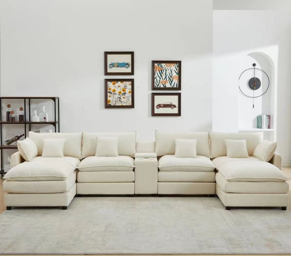 English Elm 148-inch Seven Piece U-shaped Sectional with Console Usb Port and Cloud Foam Seating W2564S00044