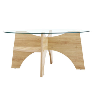 English Elm Round Tempered Glass Coffee Table with Fan Pedestal Base for Modern Living Rooms Natural Wood,Transparent W1151P256001