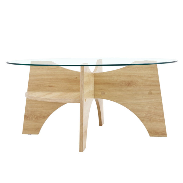 English Elm Round Tempered Glass Coffee Table with Fan Pedestal Base for Modern Living Rooms Natural Wood,Transparent W1151P256001