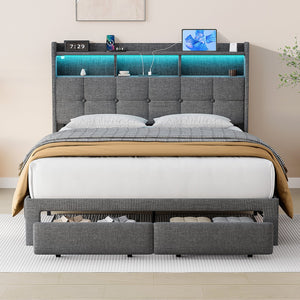 English Elm Queen LED Linen Platform Bed with USB-C/A Charging, 2 Drawers, Memory Foam Headboard, Light Gray W1550P190365