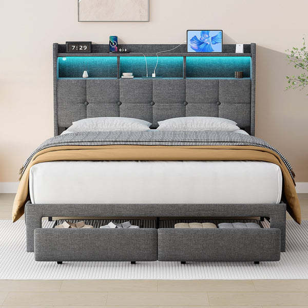 English Elm Queen LED Linen Platform Bed with USB-C/A Charging, 2 Drawers, Memory Foam Headboard, Light Gray W1550P190365