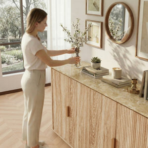 English Elm 60'' Fluted Oak Credenza with Faux Marble Top and Gold Trim Four Door Buffet Natural Wood W5216P454717