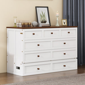 English Elm Solid Pine Murphy Bed Chest with Built-In Charging Station, Large Storage Drawer, Space-Saving Design White+Walnut 59.06 L x 24.8 W x 5.31 H BS701P176340K
