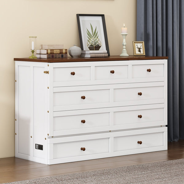 English Elm Solid Pine Murphy Bed Chest with Built-In Charging Station, Large Storage Drawer, Space-Saving Design White+Walnut 59.06 L x 24.8 W x 5.31 H BS701P176340K