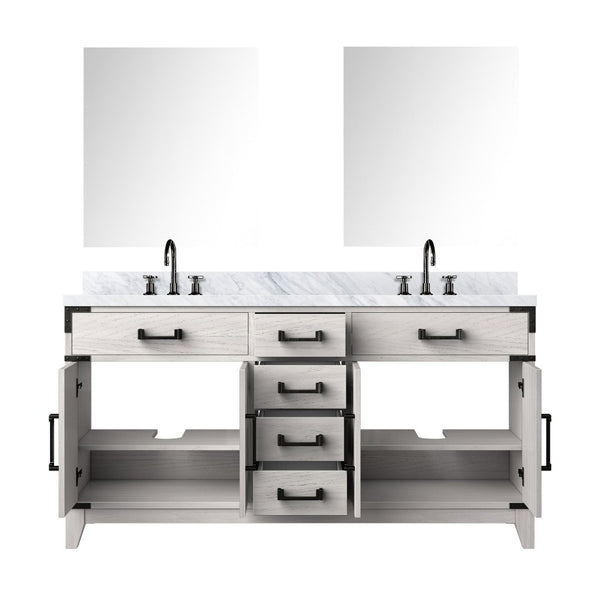 English Elm White Oak Double Bath Vanity With Carrara Marble Top, Chrome Faucets, Mirrors & Ample Storage B2731S01854-GIGA