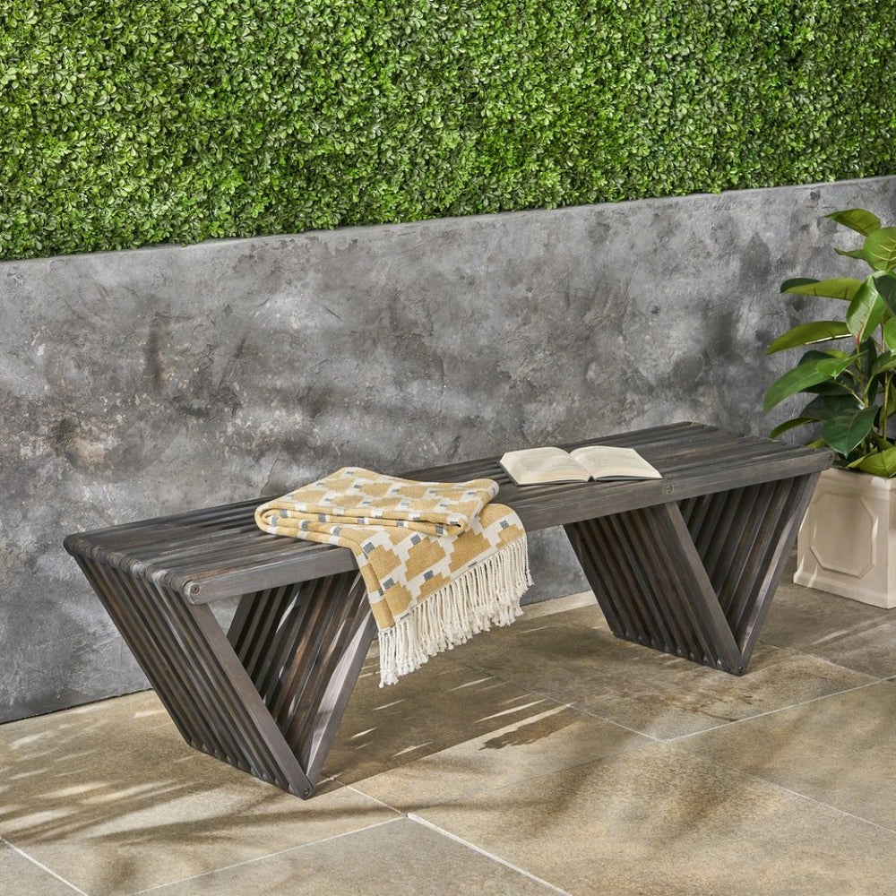 English Elm Metropol Solid Acacia Outdoor Bench with Open Slat Seat and Geometric Hardwood Base N769P371877G