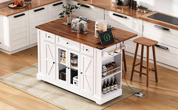 English Elm K&K 53" Farmhouse Kitchen Island with Drop Leaf, Tempered Glass Doors, Power Outlet, Rolling Cart White N707P263637W