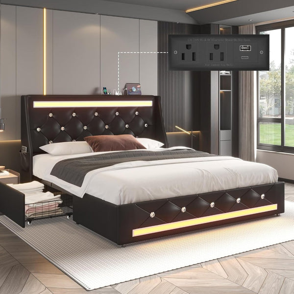 English Elm Queen Platform Bed Wingback Diamond Quilted Headboard Led Lighting Storage Drawers Black W5722P462684