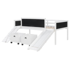 English Elm Twin Kids Loft Bed Solid Pine Frame with Slide Chalkboard and Climbing Rope Play Zone White N708P340493K