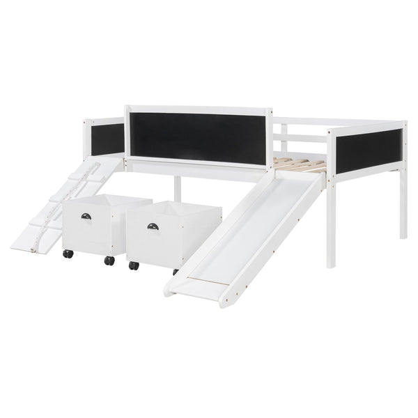 English Elm Twin Kids Loft Bed Solid Pine Frame with Slide Chalkboard and Climbing Rope Play Zone White N708P340493K