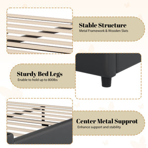 English Elm Christopher Knight Home® - Queen Plush Leather Upholstered Bed Frame with Wingback Headboard, Wavy Footboard, Quiet Support Black 82 L x 10 W x 3.25 H N761S0000019B