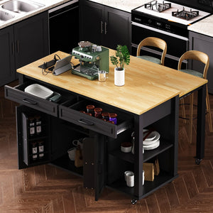 English Elm K&k Farmhouse Kitchen Island Extendable Table Rubber Wood Veneer Built-in Charging Storage Black N707S215327B