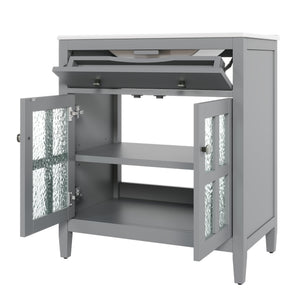 English Elm Christopher Knight Home® - 30" Bathroom Vanity with Ceramic Sink, Solid Wood Legs, Adjustable Shelf, Tip-Out Tray, Soft-Close Hinges, Silver Knobs, Moisture-Resistant Finish Gray N817P286250G