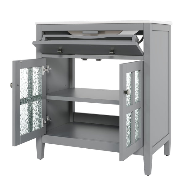 English Elm Christopher Knight Home® - 30" Bathroom Vanity with Ceramic Sink, Solid Wood Legs, Adjustable Shelf, Tip-Out Tray, Soft-Close Hinges, Silver Knobs, Moisture-Resistant Finish Gray N817P286250G