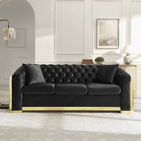 English Elm 2 Piece Chesterfield Velvet Sofa Set with Gold Steel Trim Tufted Living Room Suite Black W1191S00118