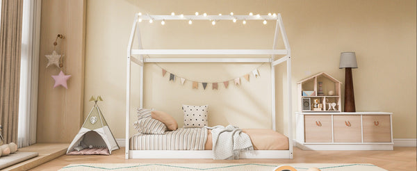English Elm Twin House Bed Pine Wood Frame with Peaked Roofline Low Profile Kids Bedroom WF197557AAK